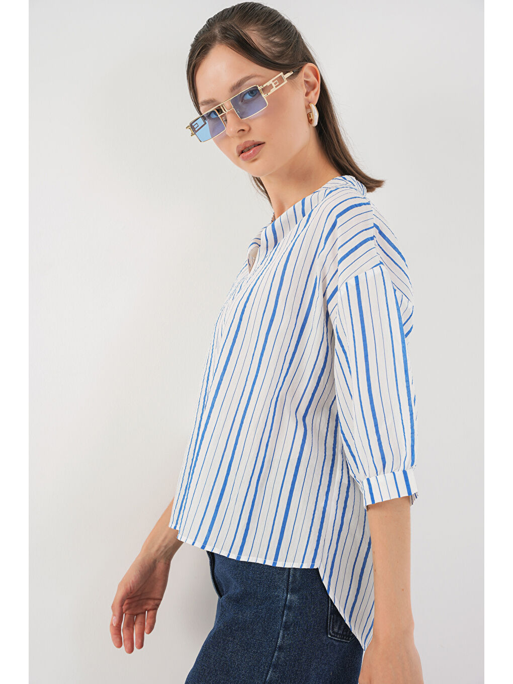 Kadın Çizgili Oversize Bluz 967 - Mavi-3