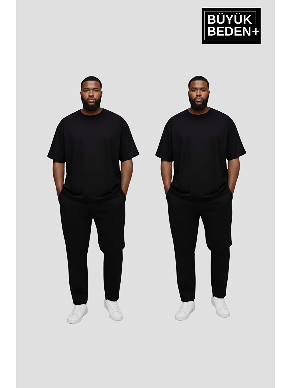Siyah Büyük Beden Erkek Basic Bisiklet Yaka 2'li Tişört Seti 3XL-6XL SPR26BTS510+2