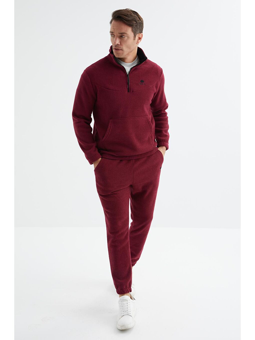 Bordo Erguvan Yarım Fermuar Dik Yaka Kanguru Cepli Havlu Polar Erkek Eşofman Takım - 85195-3