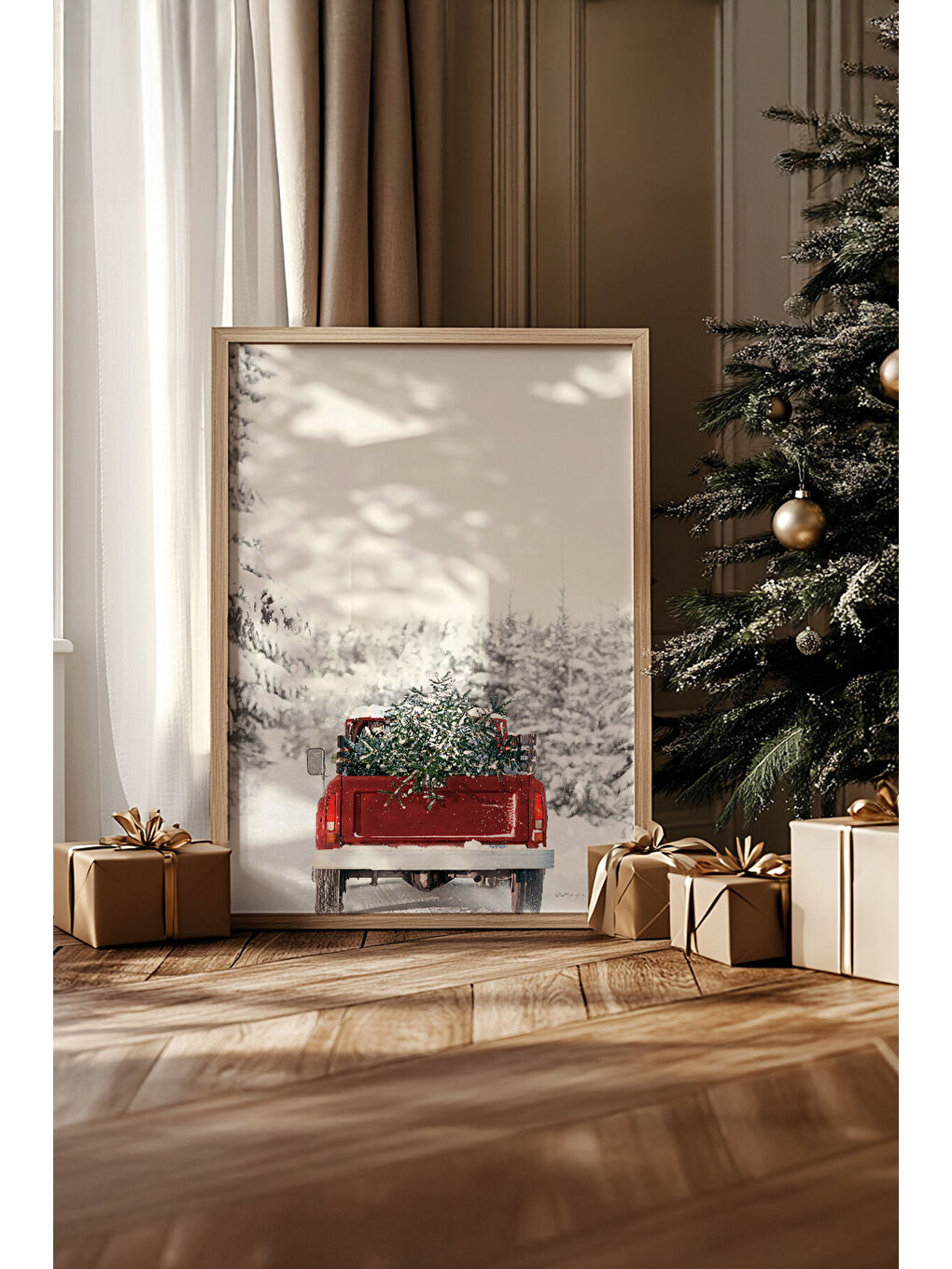 Beyaz Tek Parça Gerçek Ham Ahşap Çerçeveli Yılbaşı(New Year) Temalı Tablo - Model 73 - NWYEARSNGMDL73-3348