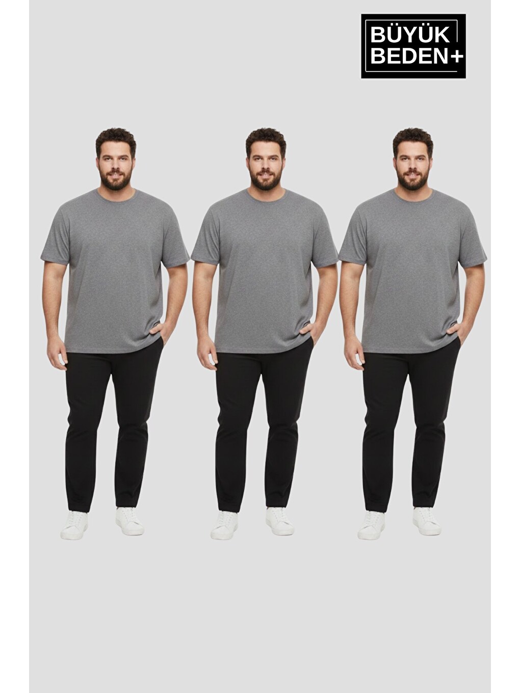 Gri Büyük Beden Erkek Basic 3XL-6XL Bisiklet Yaka 3'lü Tişört Seti SPR26BTS510+3
