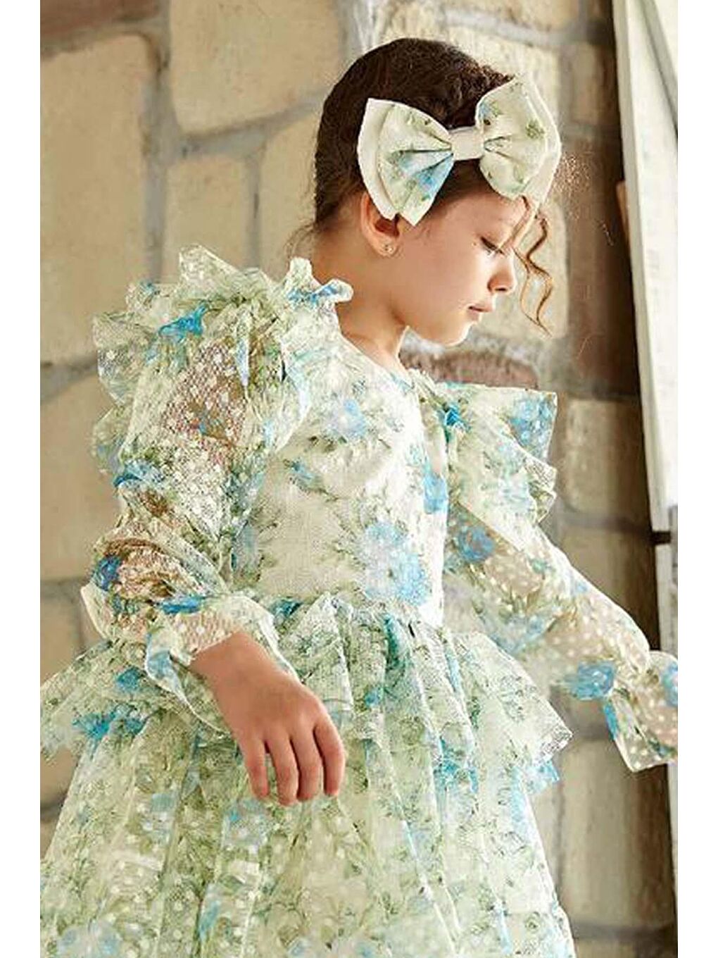 Kız Çocuk Omuzları ve Beli Fırfırlı Puantiye Detaylı Şeffaf Tül Çiçek Desenli Kabarık Mavi Elbise-2