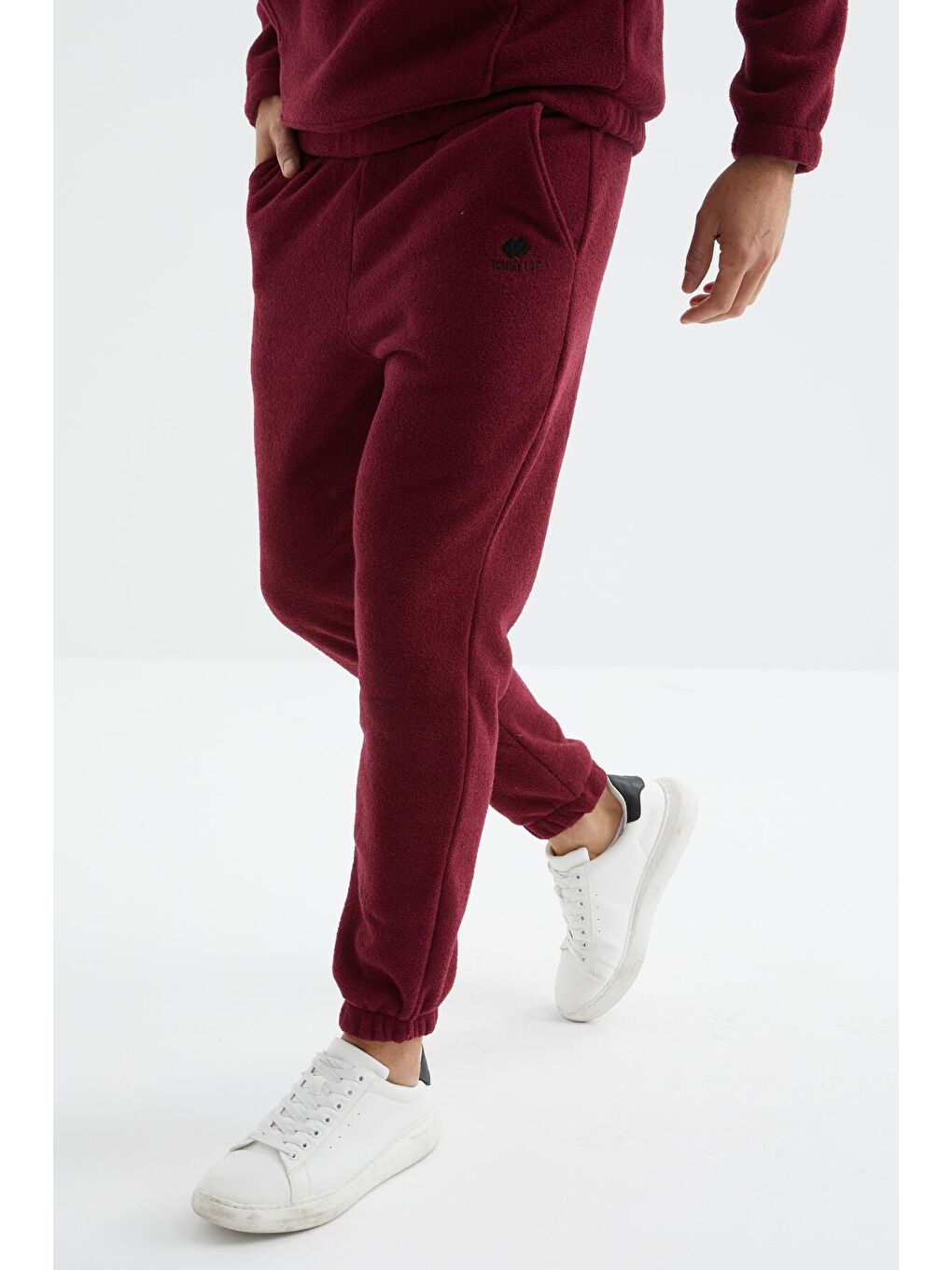 Bordo Erguvan Yarım Fermuar Dik Yaka Kanguru Cepli Havlu Polar Erkek Eşofman Takım - 85195-4