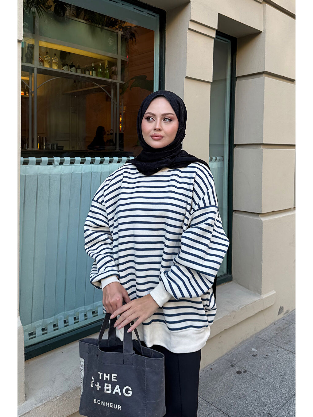 Kadın Çizgili Şardonlu Sweat Lacivert