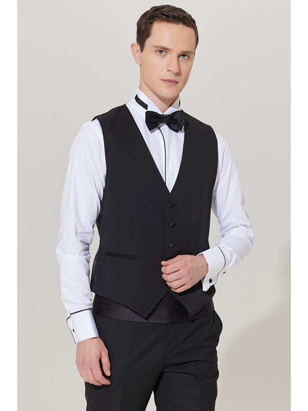 Erkek Siyah Slim Fit Dar Kesim V Yaka Desenli Klasik Yelek-5