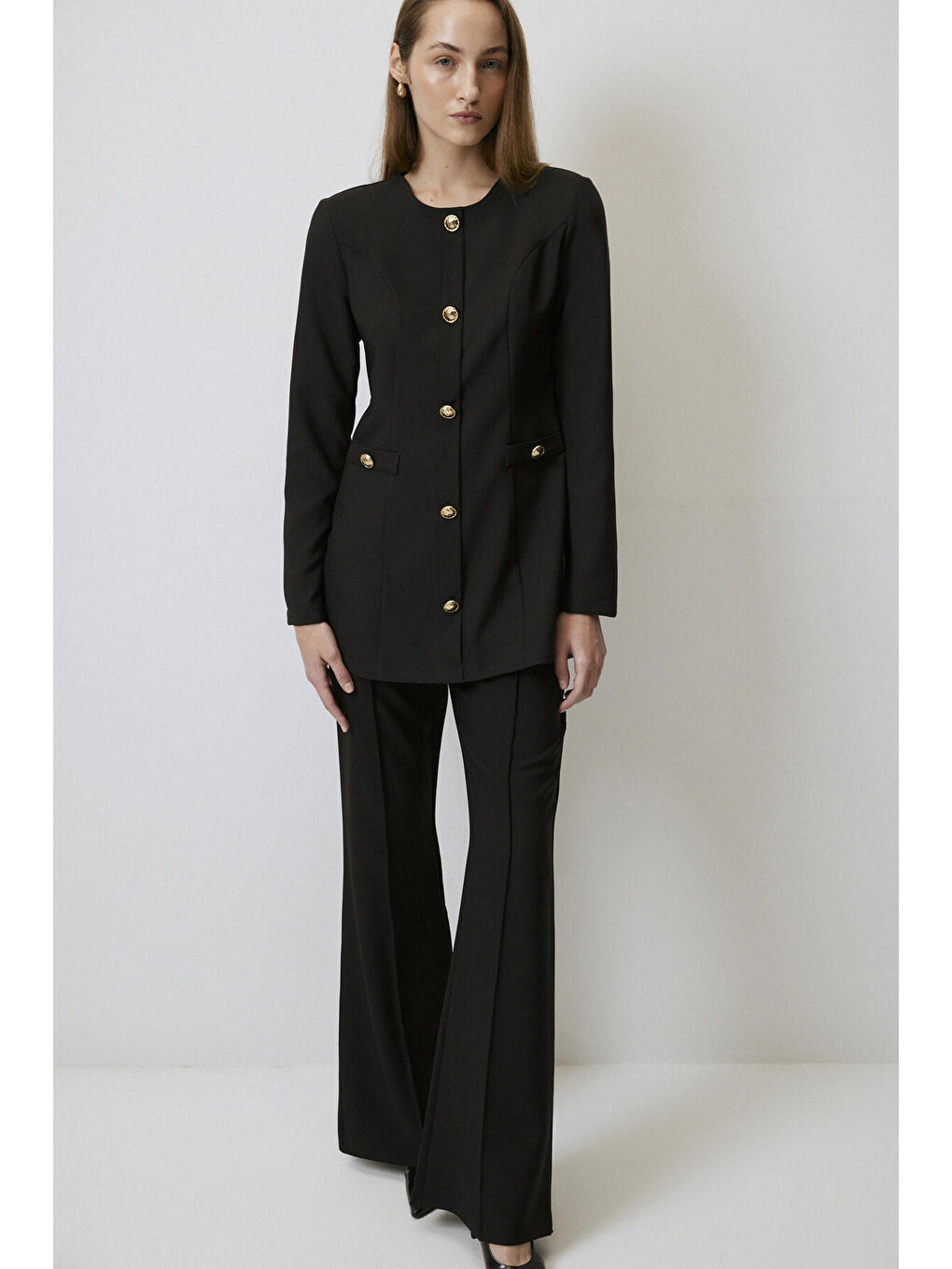 Siyah Gold Düğme Detaylı Krep Tunik-1