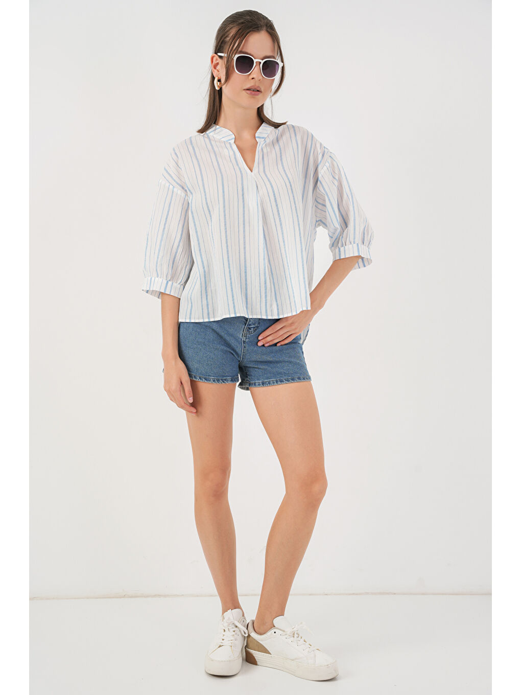 Kadın Çizgili Oversize Bluz 967 - A.Mavi-1