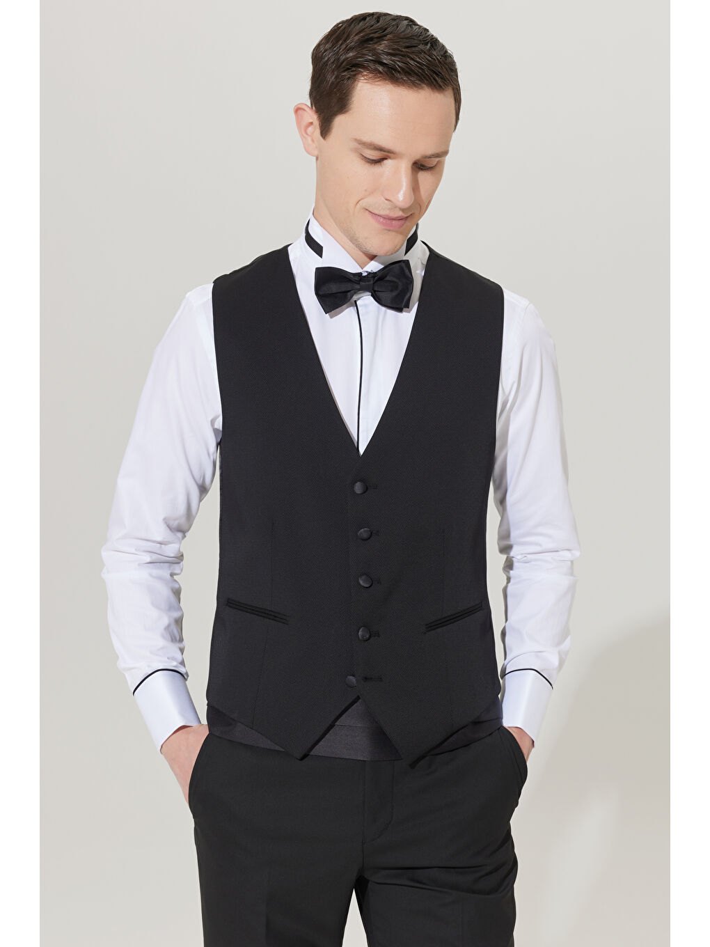 Erkek Siyah Slim Fit Dar Kesim V Yaka Desenli Klasik Yelek-6