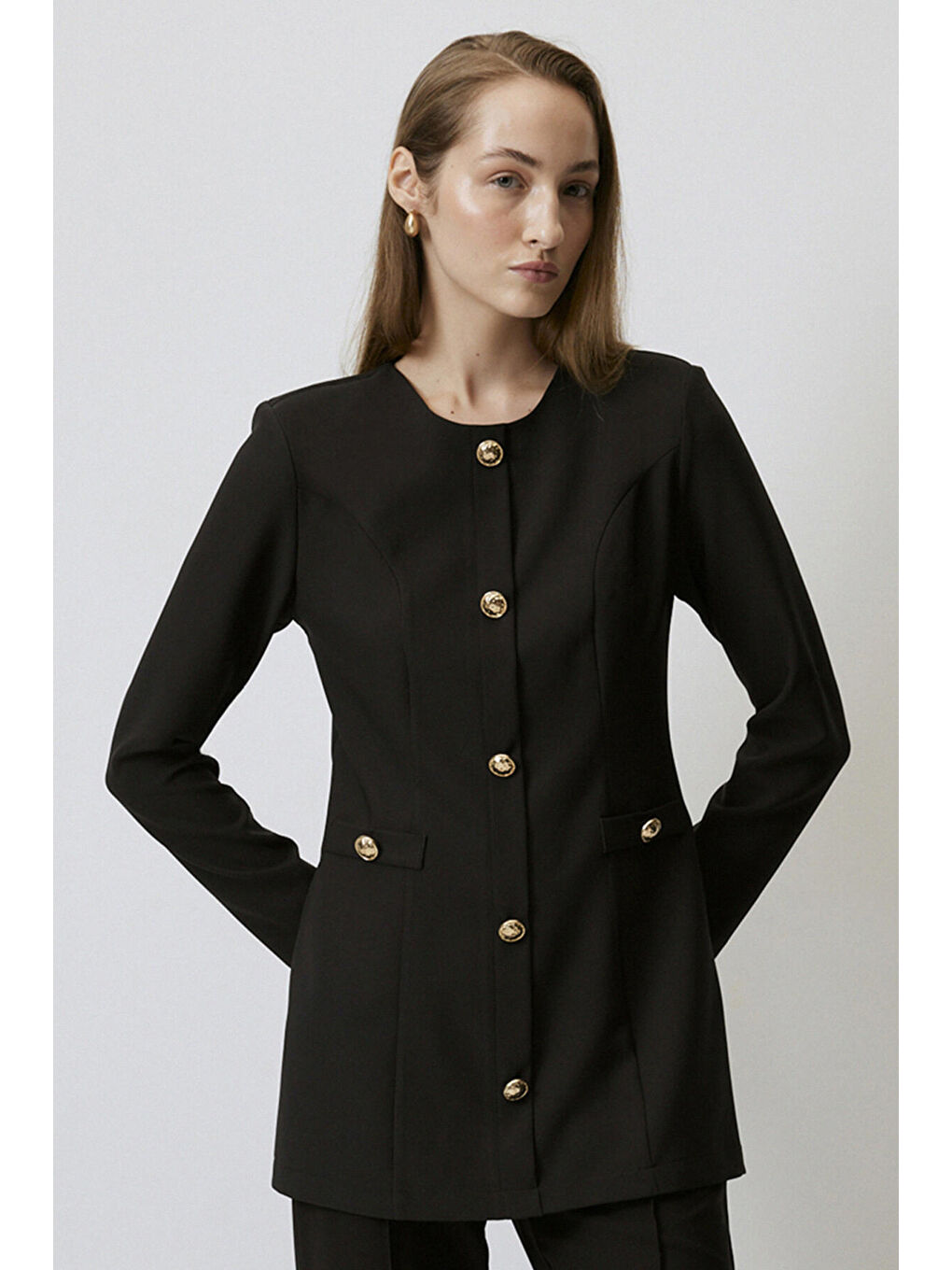 Siyah Gold Düğme Detaylı Krep Tunik-2