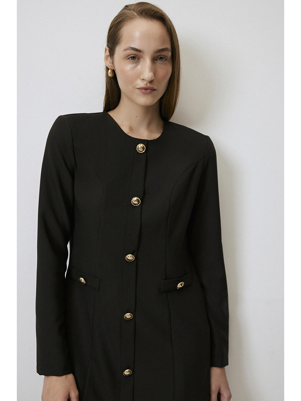 Siyah Gold Düğme Detaylı Krep Tunik-3