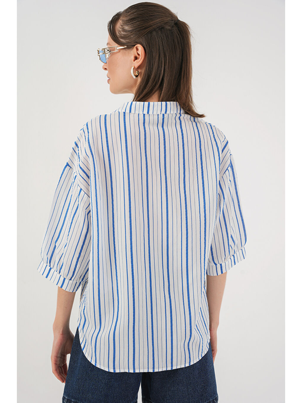Kadın Çizgili Oversize Bluz 967 - Mavi-5