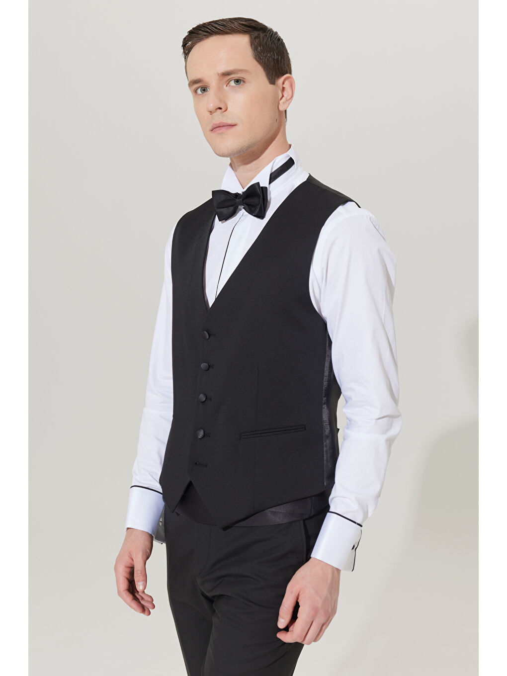 Erkek Siyah Slim Fit Dar Kesim V Yaka Desenli Klasik Yelek-9