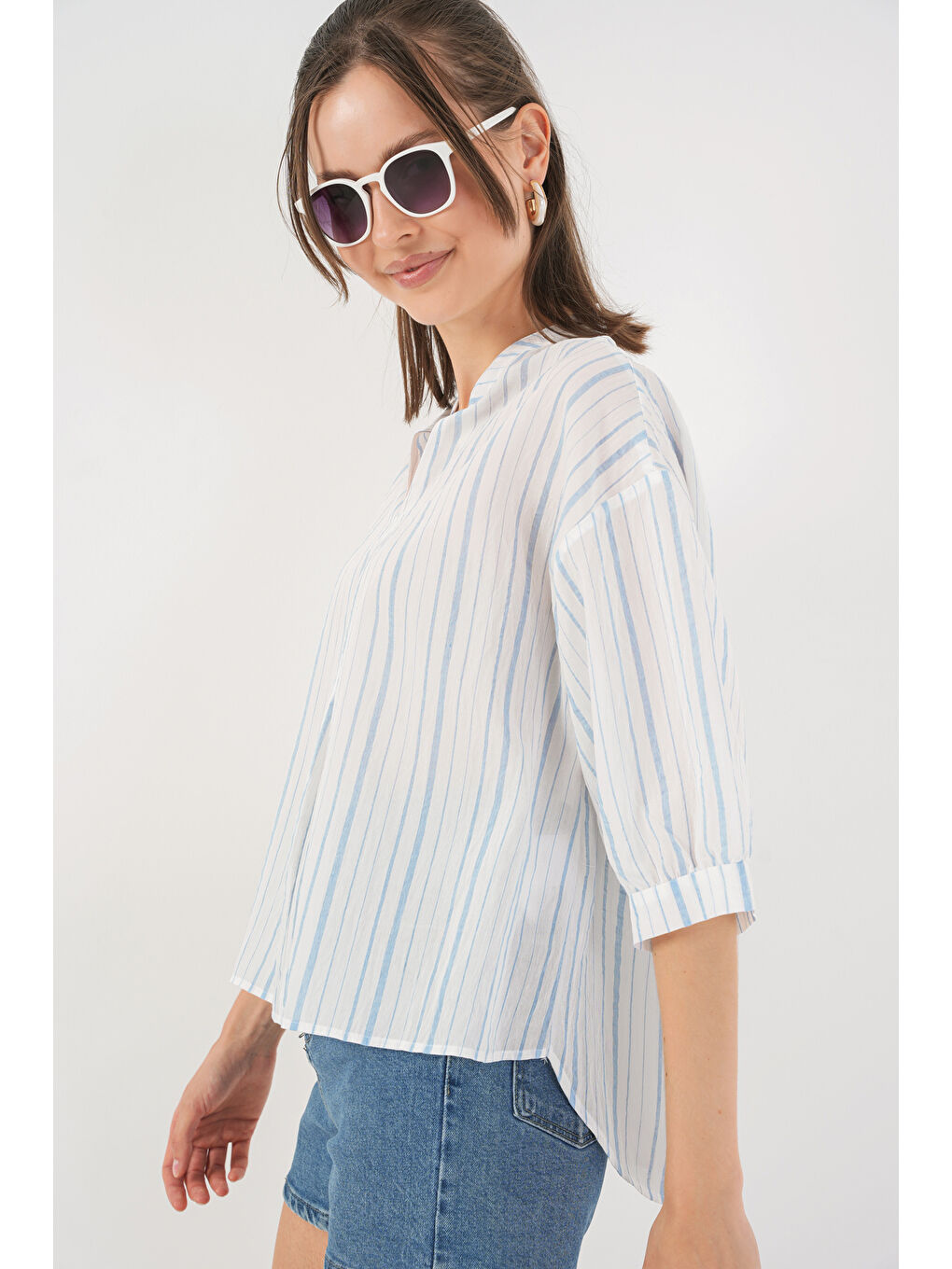 Kadın Çizgili Oversize Bluz 967 - A.Mavi-2