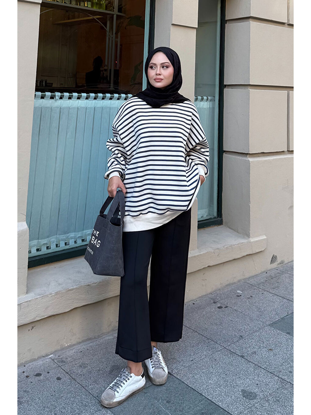 Kadın Çizgili Şardonlu Sweat Lacivert-2