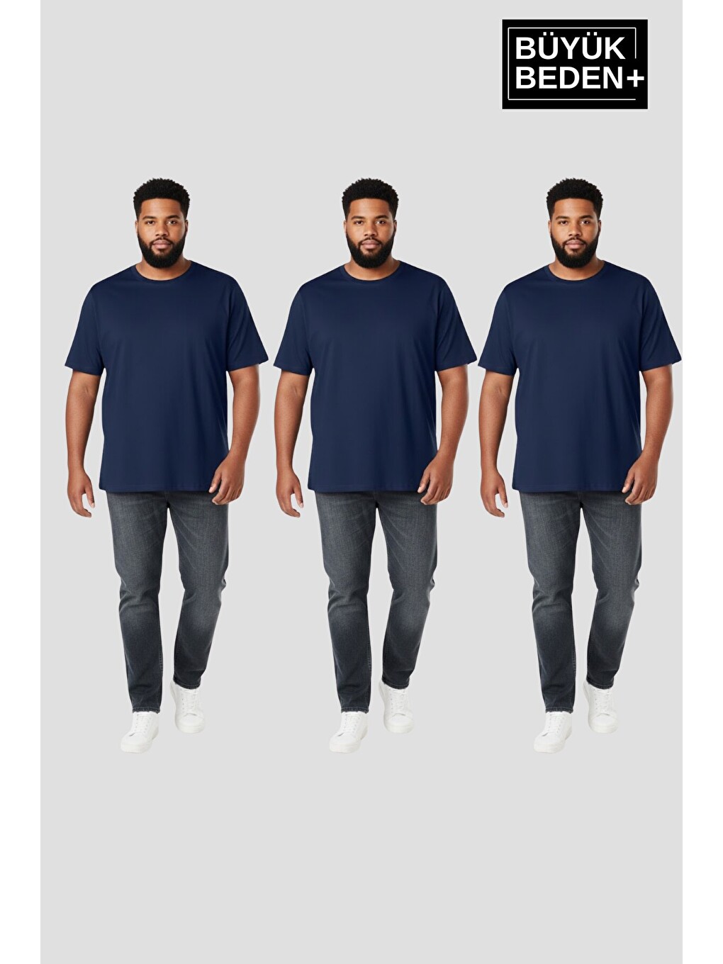 Lacivert Büyük Beden Erkek Basic 3XL-6XL Bisiklet Yaka 3'lü Tişört Seti SPR26BTS510+3