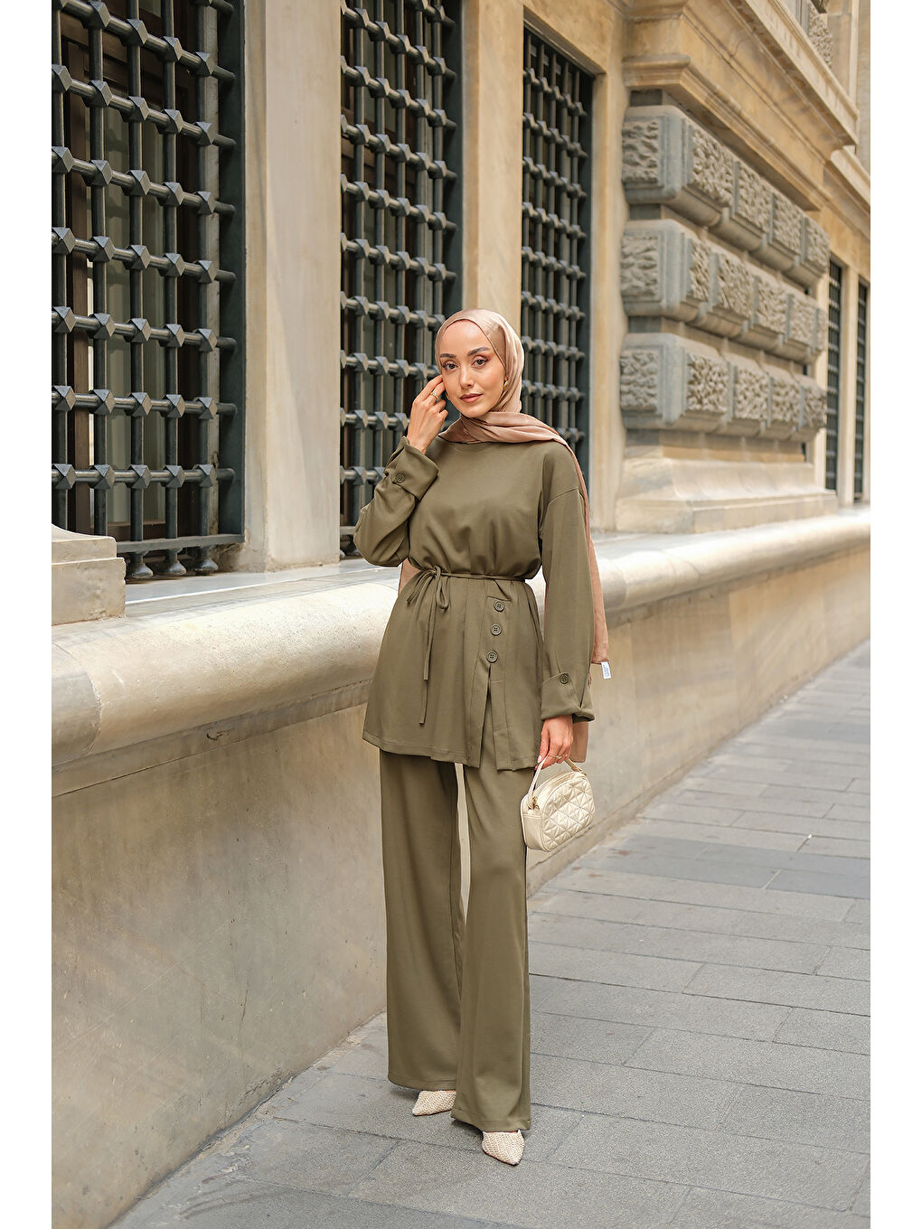 Kadın Yan Düğme Detay Takım Koyu Yeşil-4