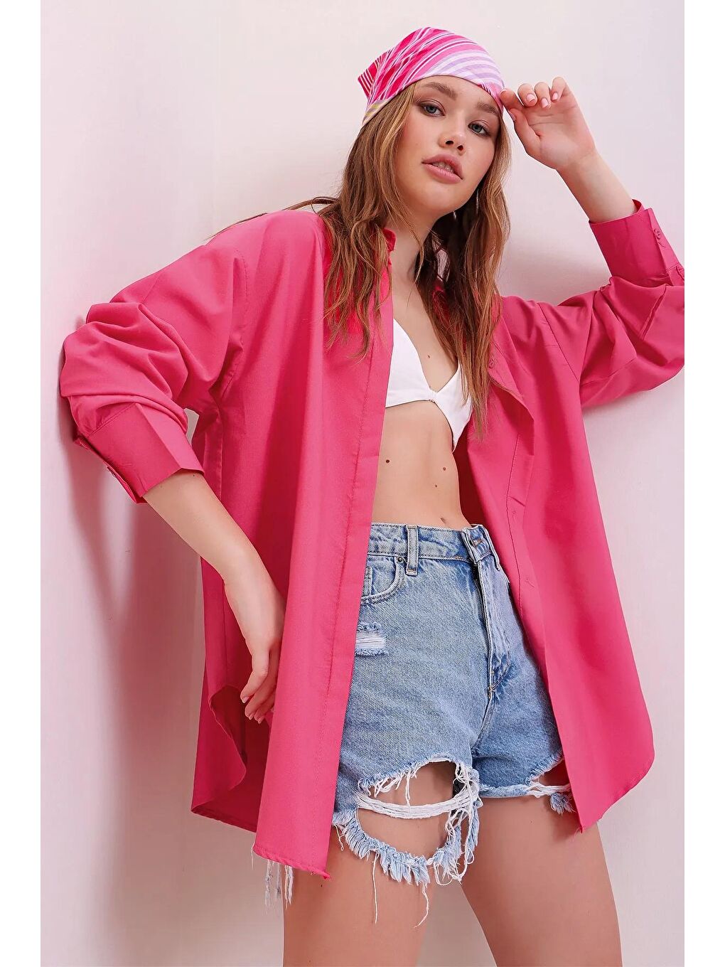 Fuşya Oversize Uzun Dokuma Gömlek-2