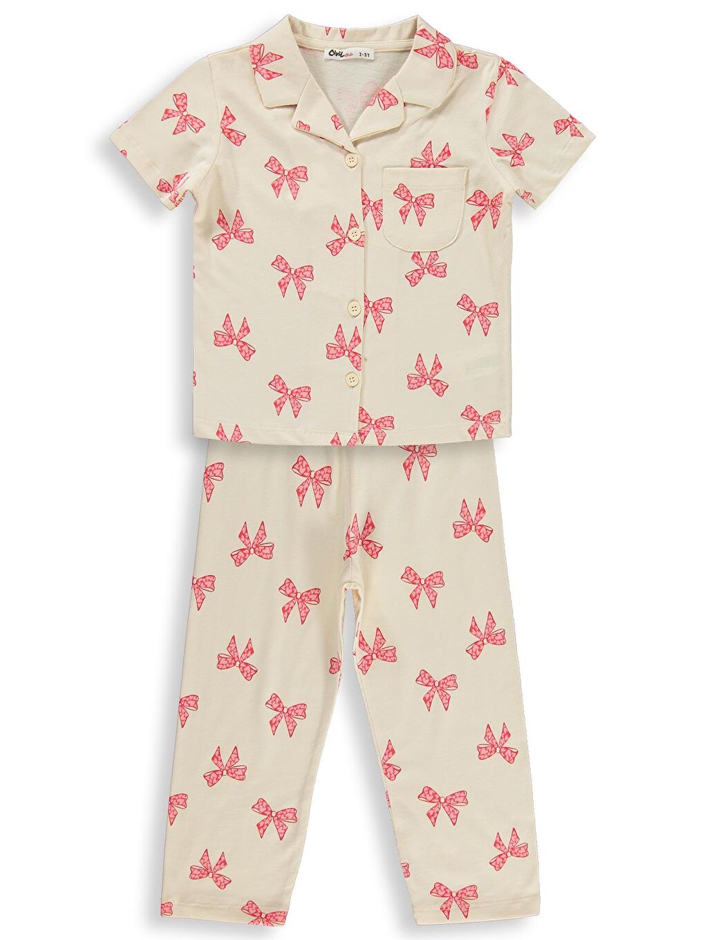 Bej Girls Fiyonk Desenli 2-5 Yaş Pijama Takımı - Fil Dişi