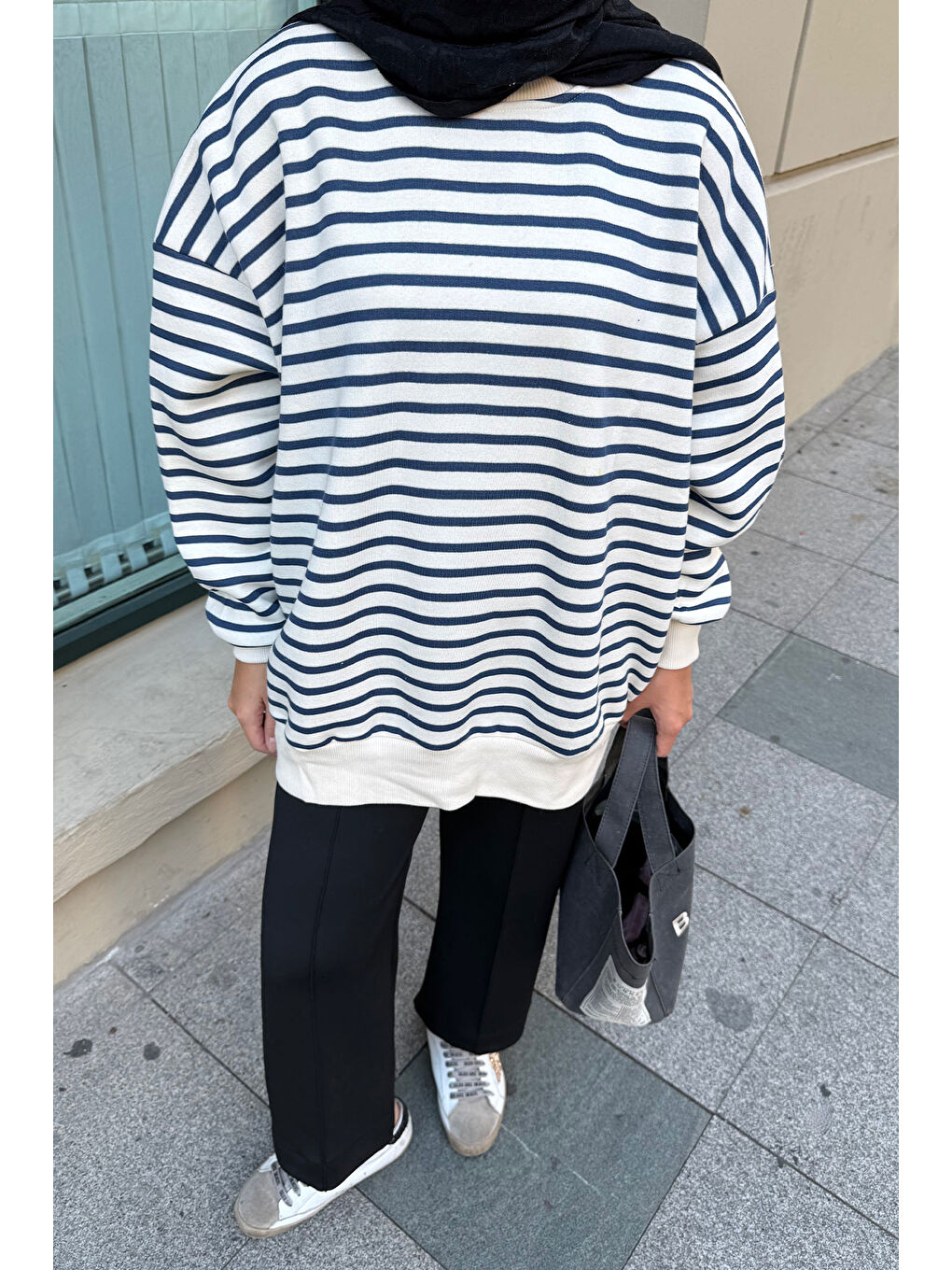 Kadın Çizgili Şardonlu Sweat Lacivert-4