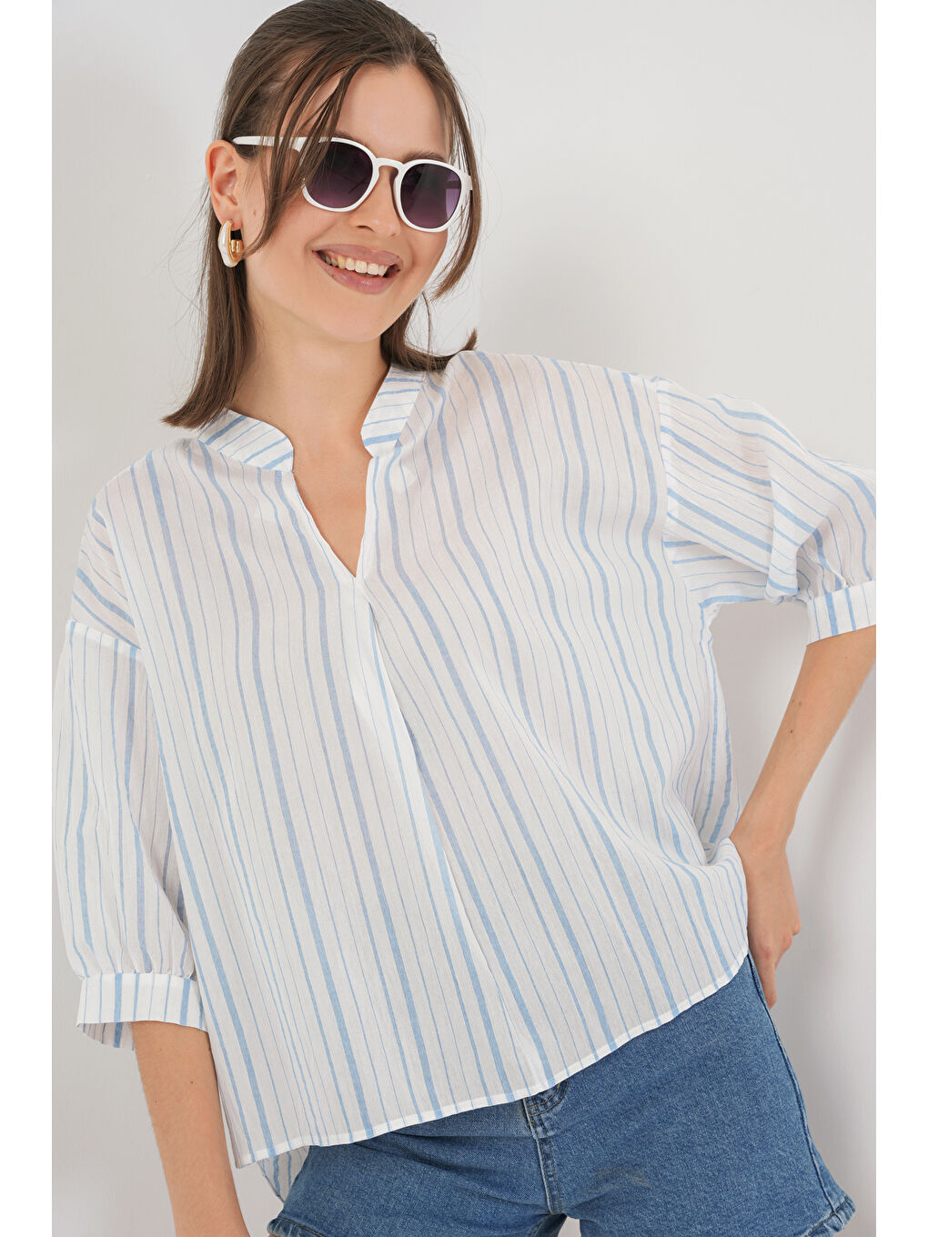 Kadın Çizgili Oversize Bluz 967 - A.Mavi-3