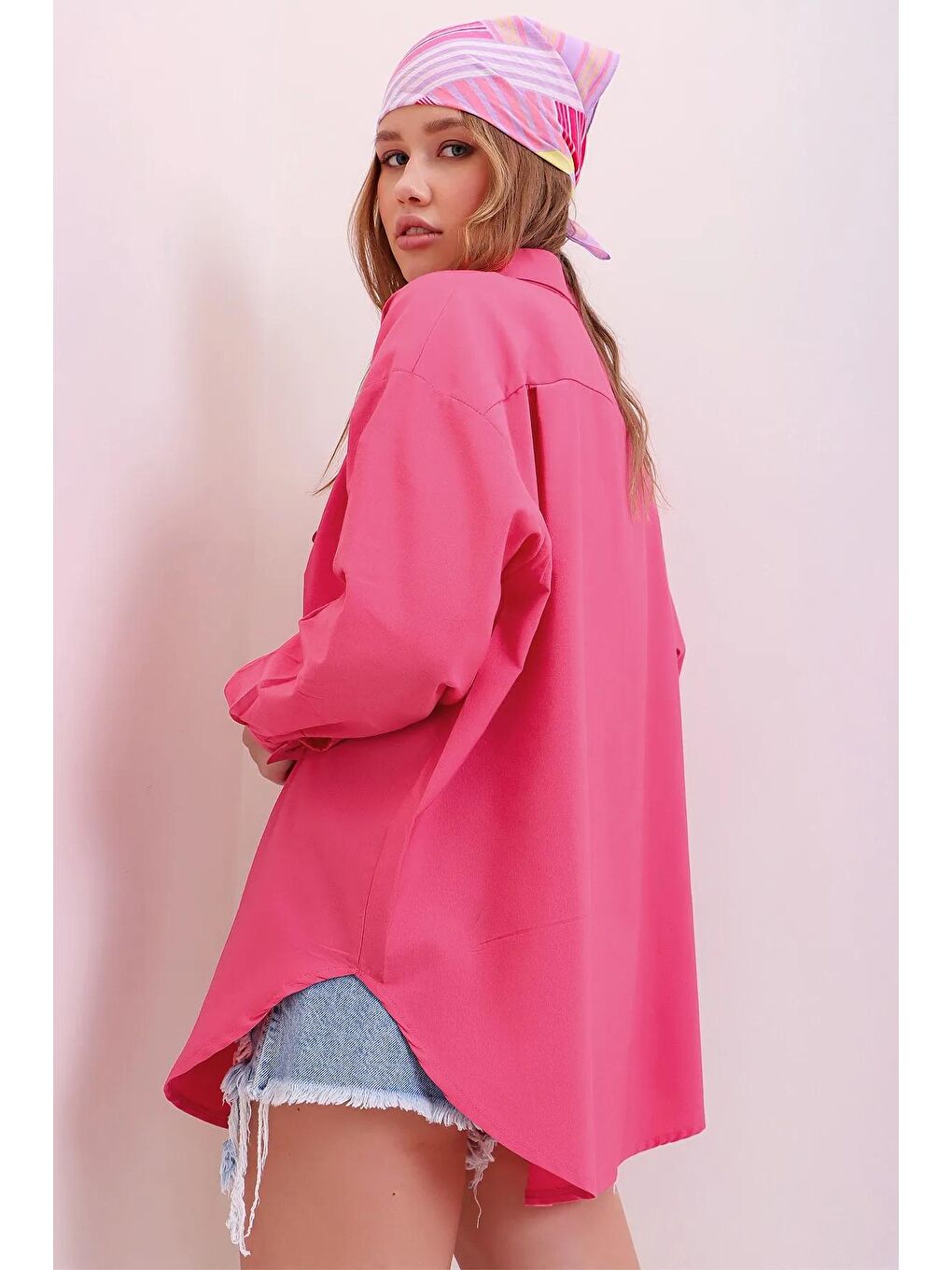 Fuşya Oversize Uzun Dokuma Gömlek-3