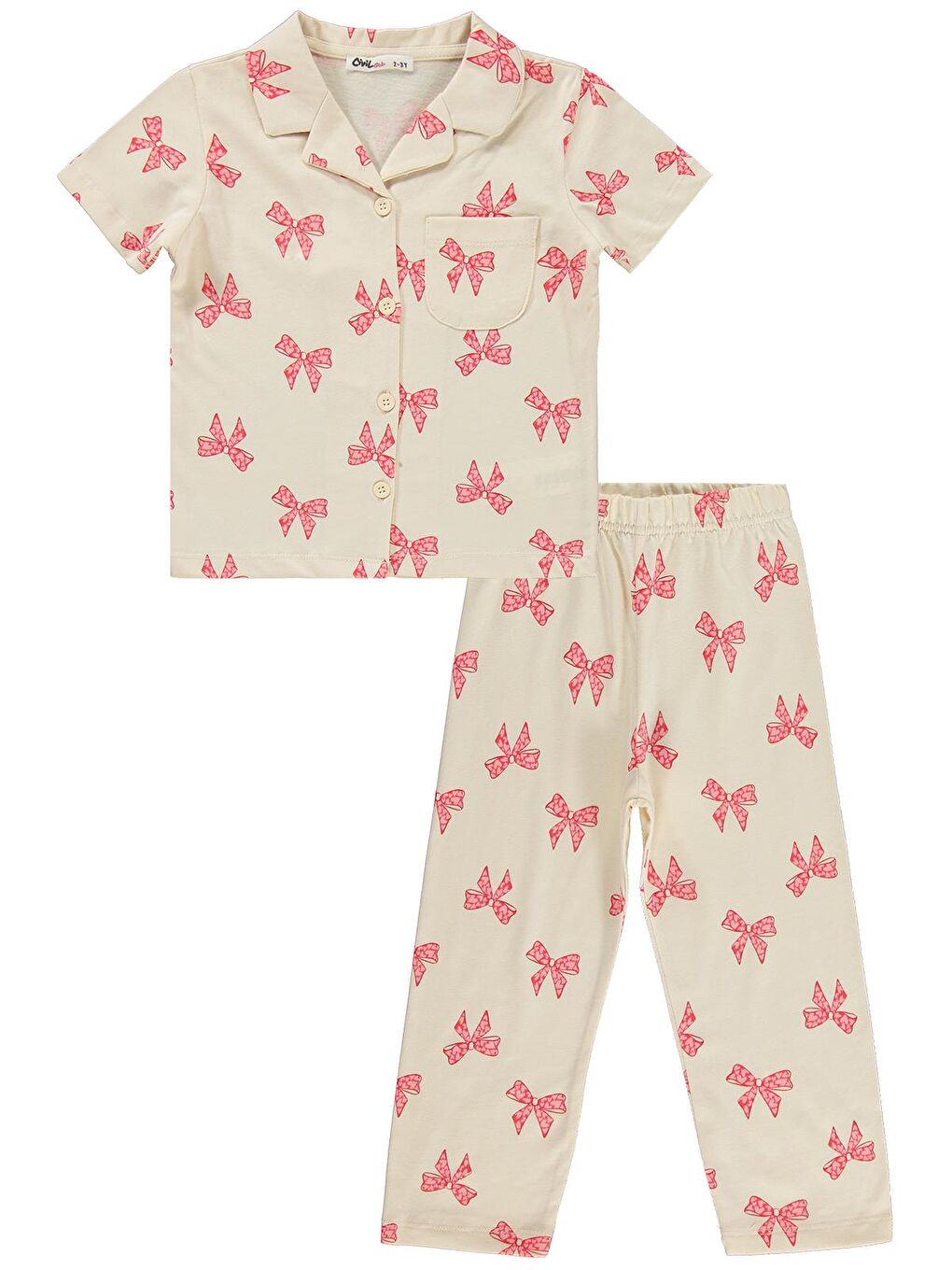 Bej Girls Fiyonk Desenli 2-5 Yaş Pijama Takımı - Fil Dişi-3