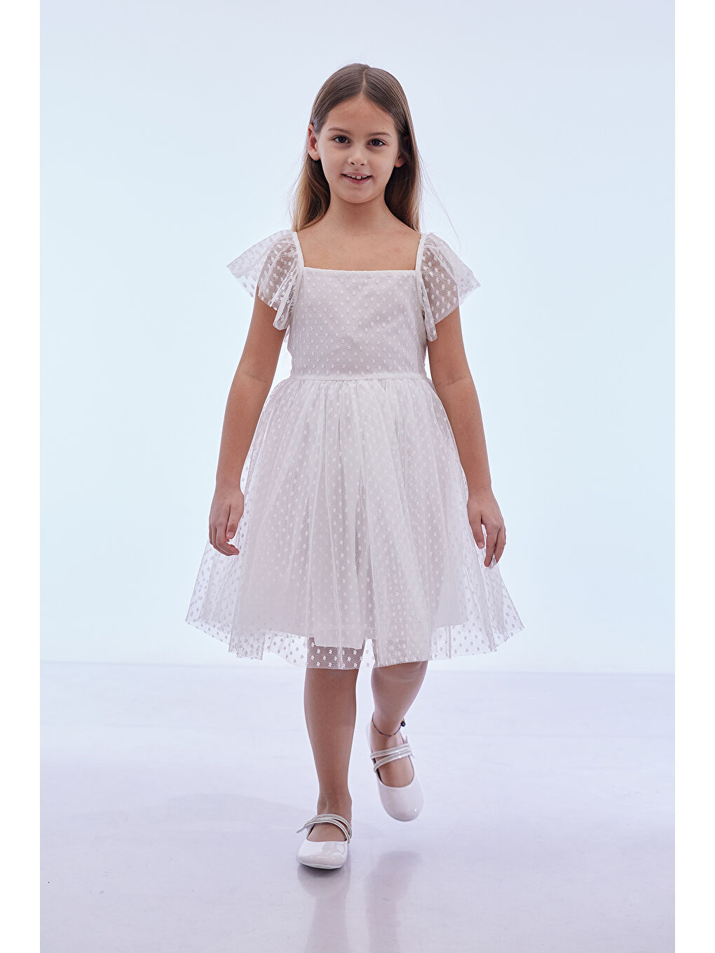 Beyaz Kız Çocuk Kare Yaka Trend Tül Elbise AK2242-1