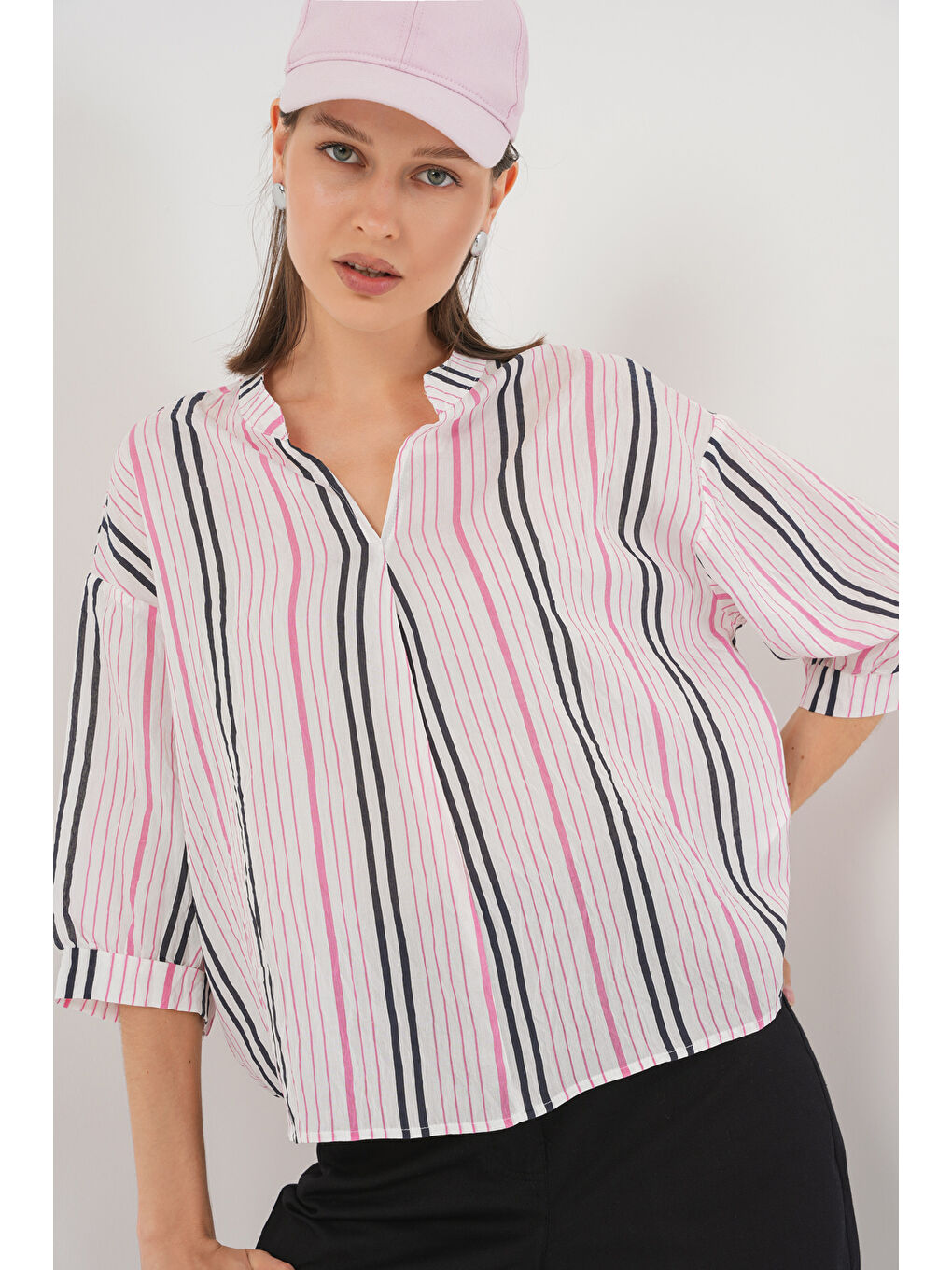 Kadın Çizgili Oversize Bluz 967 - Pembe