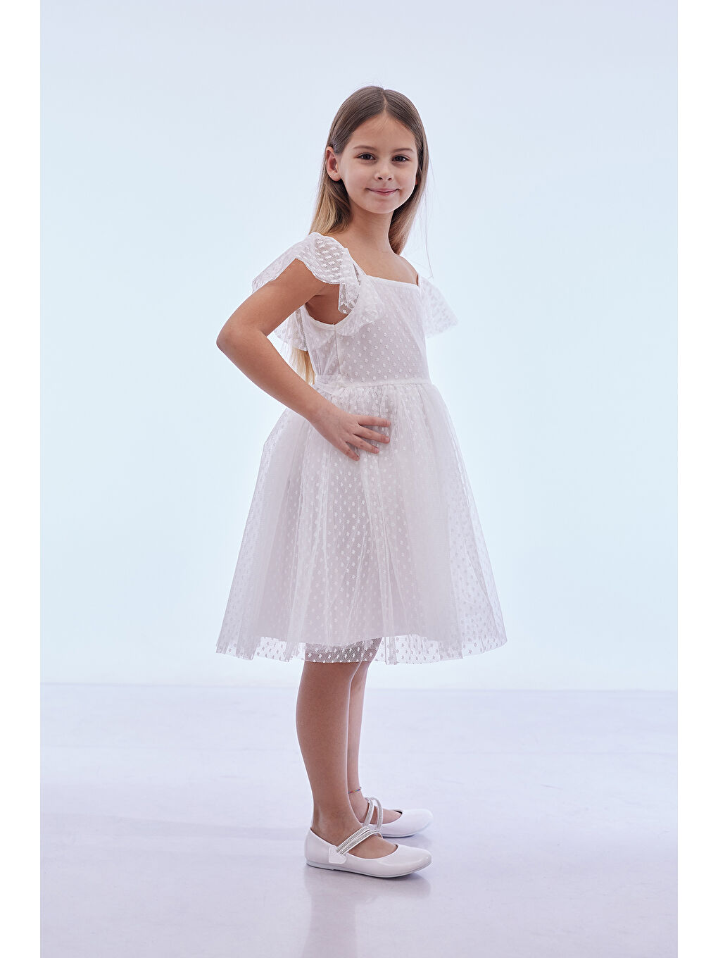 Beyaz Kız Çocuk Kare Yaka Trend Tül Elbise AK2242-2