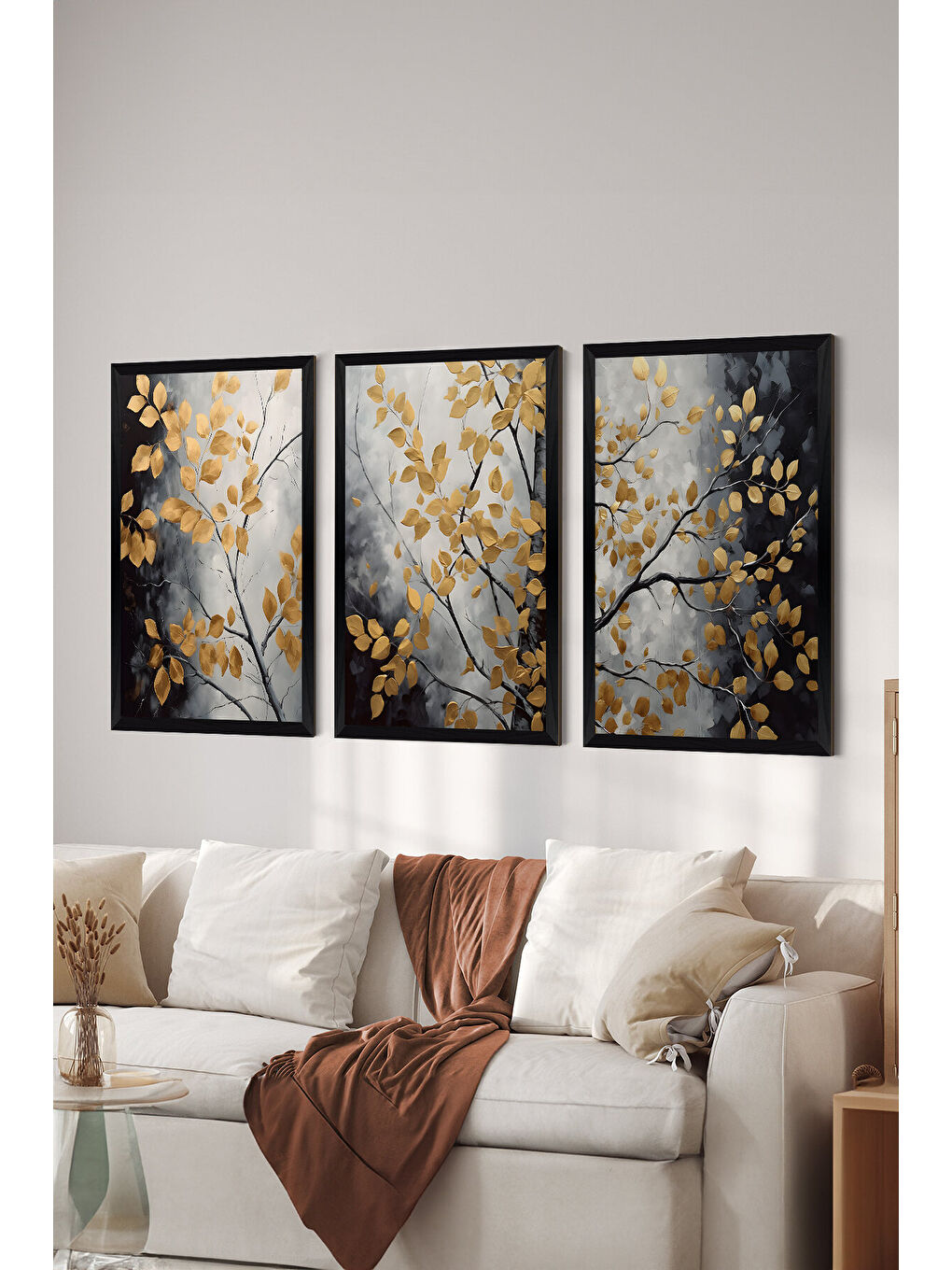 Beyaz 3 Parça Siyah Çerçeve Görünümlü MDF Poster Tablo Seti - Set 5 - ERSY3DSYHSET5-3348