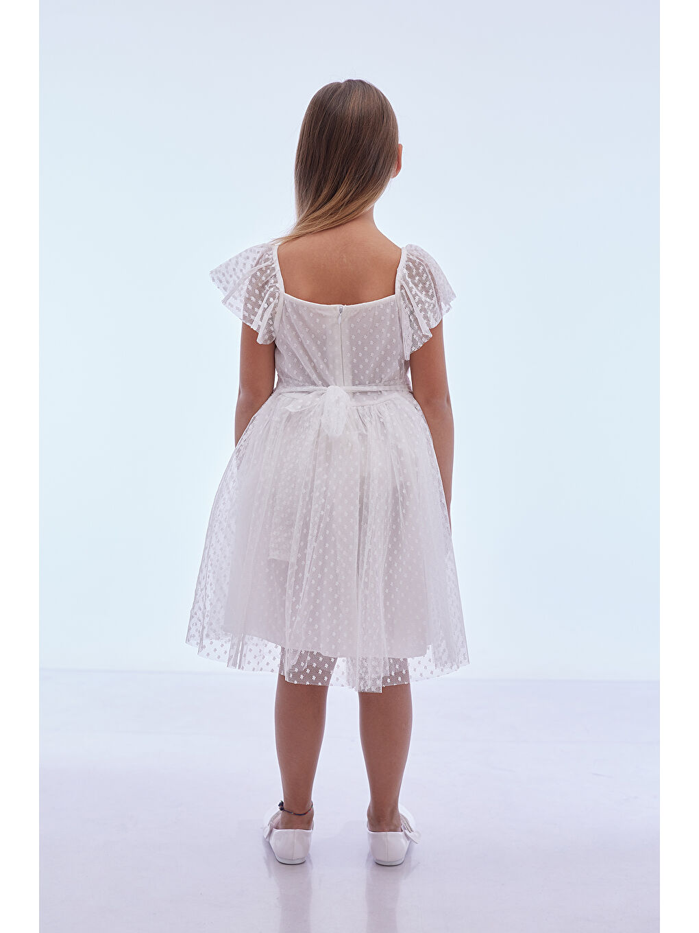 Beyaz Kız Çocuk Kare Yaka Trend Tül Elbise AK2242-3