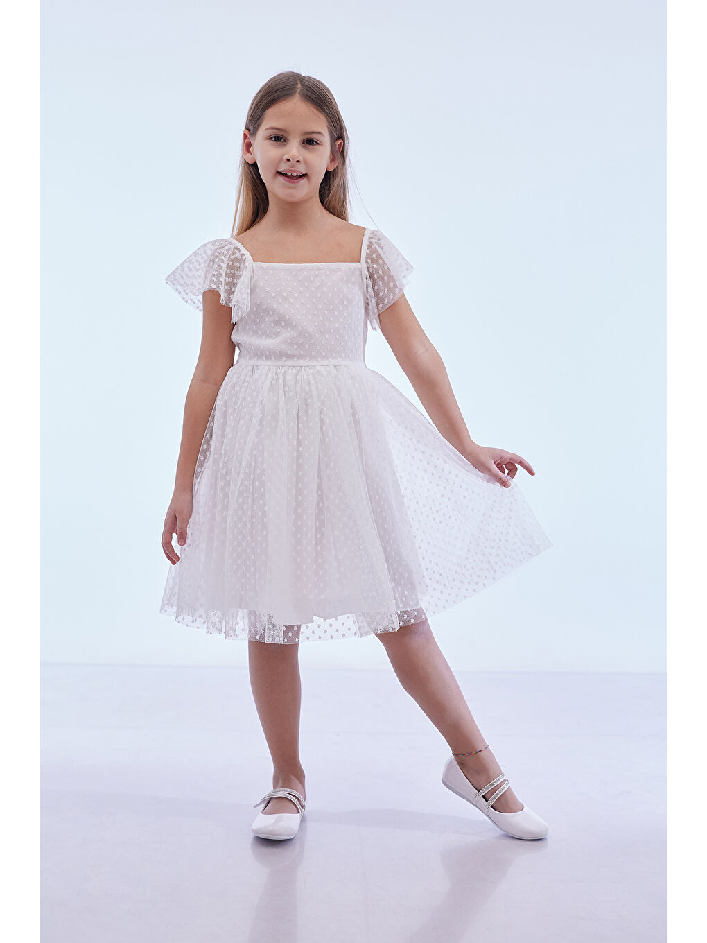 Beyaz Kız Çocuk Kare Yaka Trend Tül Elbise AK2242-4