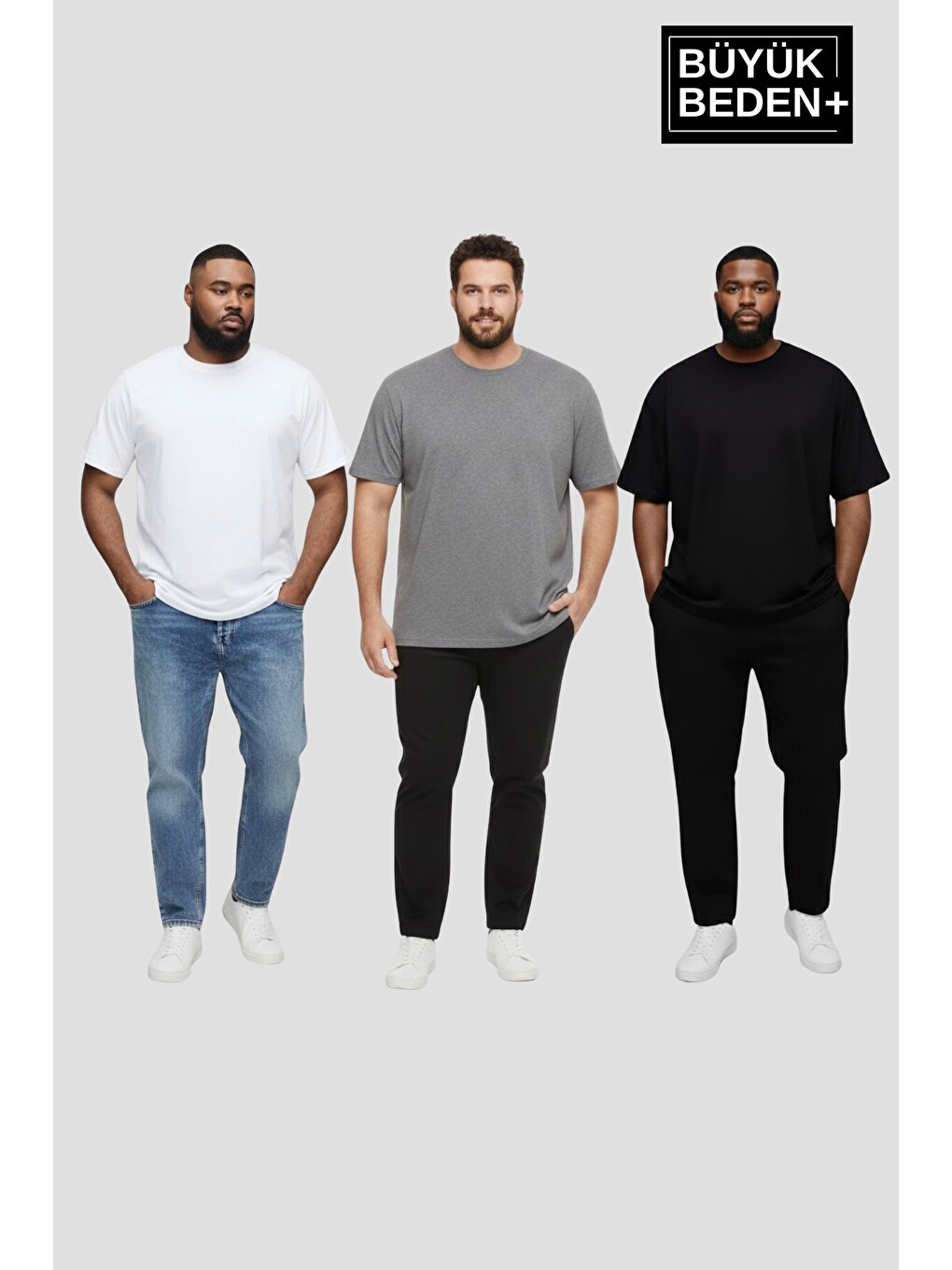 Beyaz Büyük Beden Erkek Basic 3XL-6XL Bisiklet Yaka 3'lü Tişört Seti SPR26BTS510+3