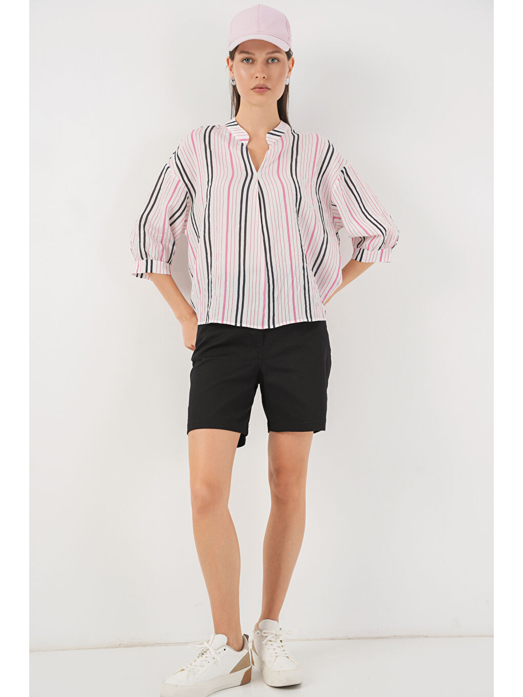 Kadın Çizgili Oversize Bluz 967 - Pembe-1