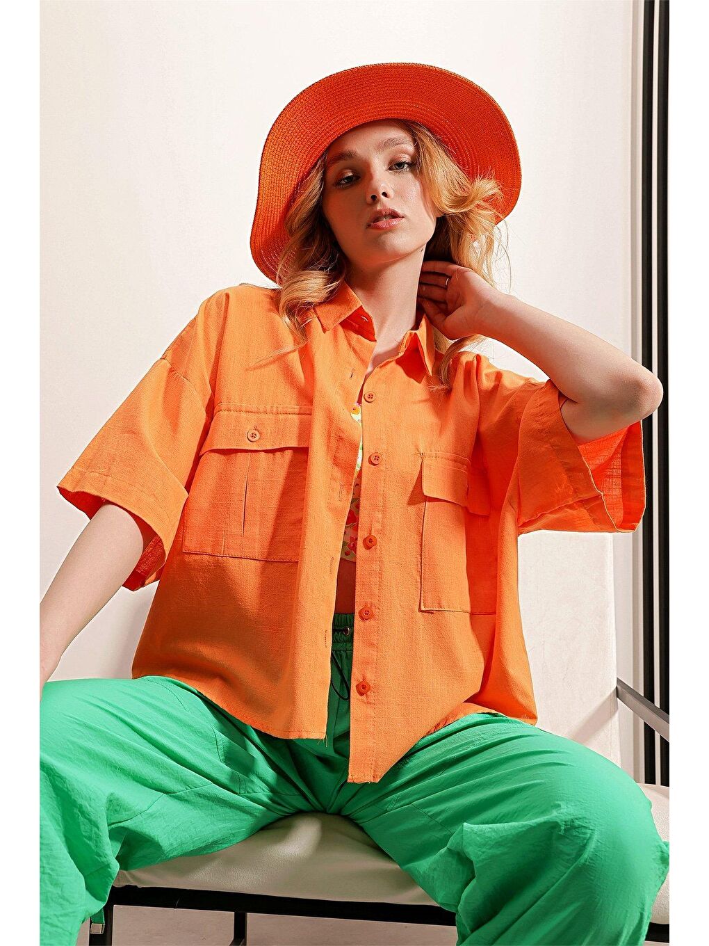 Turuncu Çift Cep Kısa Kol Gömlek-1