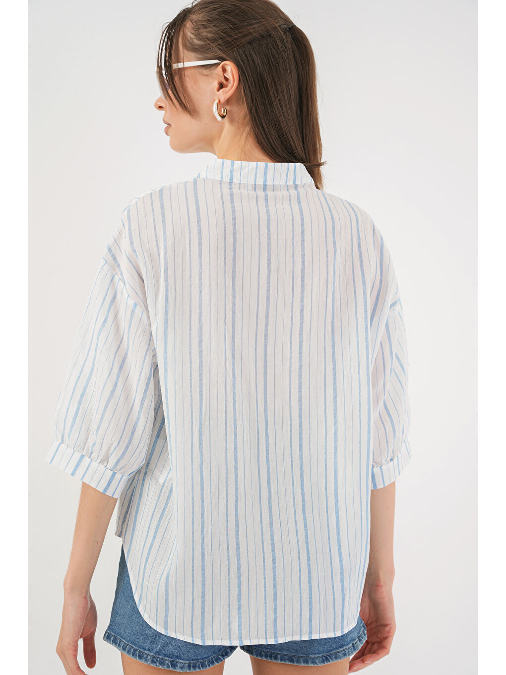 Kadın Çizgili Oversize Bluz 967 - A.Mavi-5
