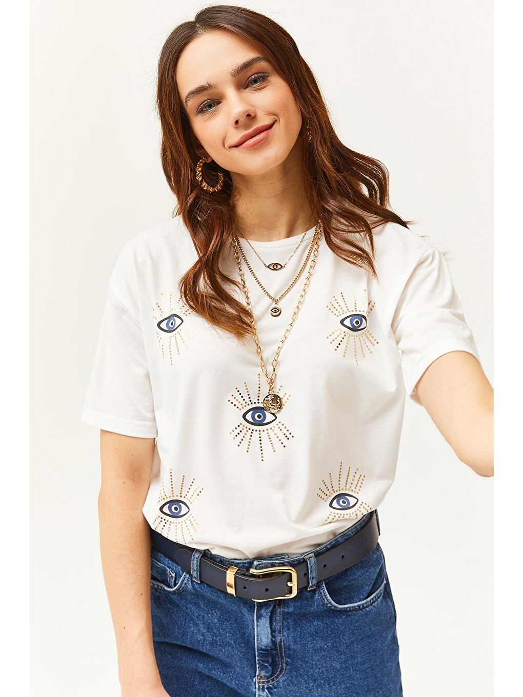 Beyaz Göz Baskılı Varak Detaylı T-shirt