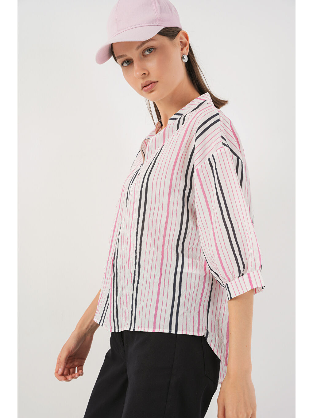 Kadın Çizgili Oversize Bluz 967 - Pembe-2