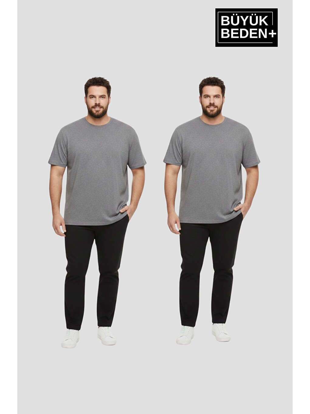 Gri Büyük Beden Erkek Basic Bisiklet Yaka 2'li Tişört Seti 3XL-6XL SPR26BTS510+2