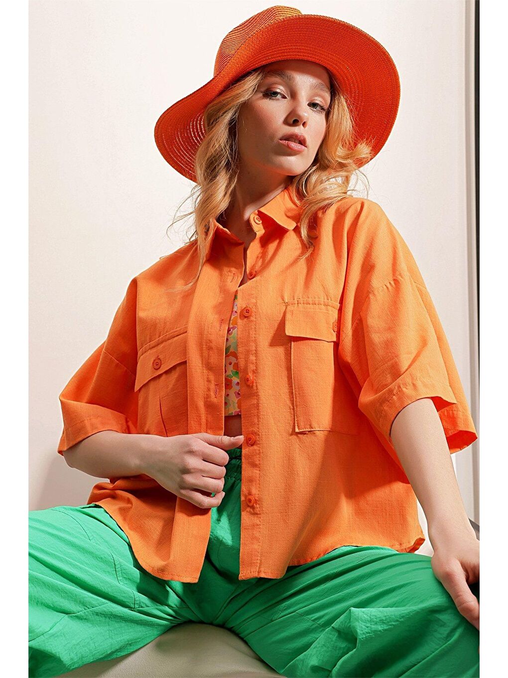 Turuncu Çift Cep Kısa Kol Gömlek-2