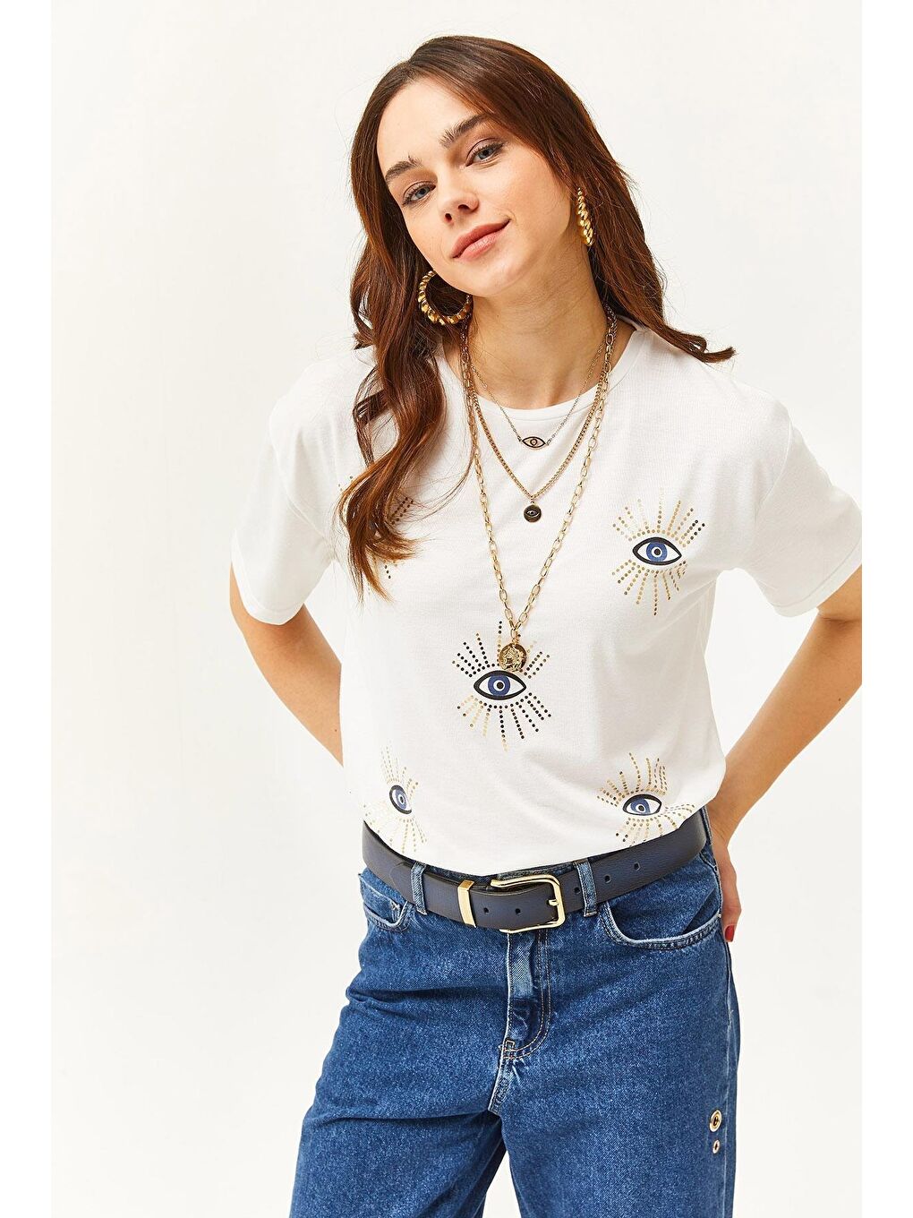 Beyaz Göz Baskılı Varak Detaylı T-shirt-1