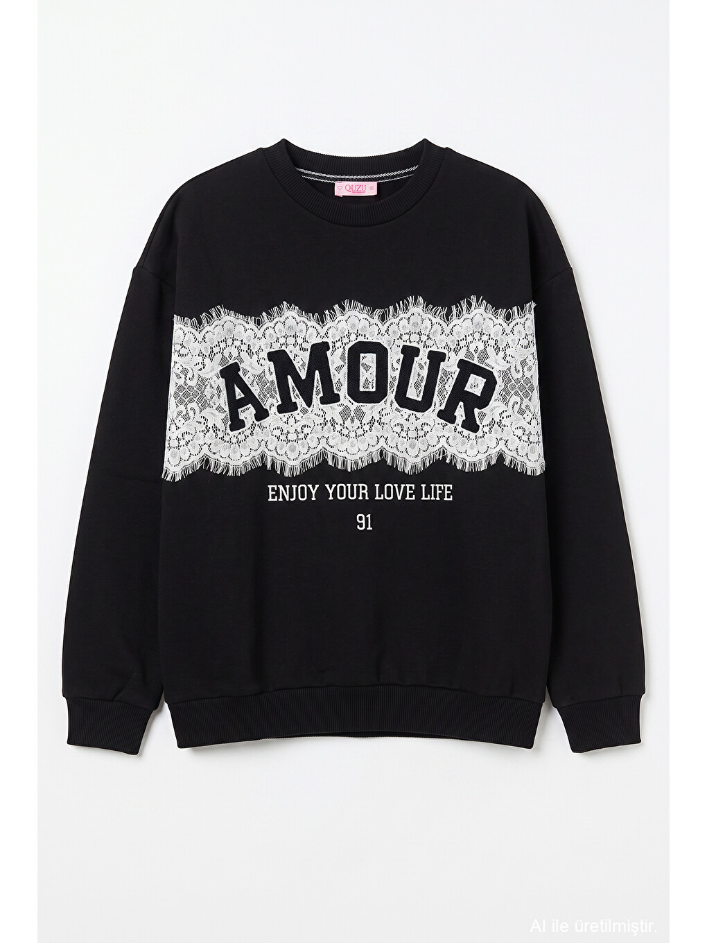 Dantel Aplikeli Oversize Sweatshirt Siyah-1