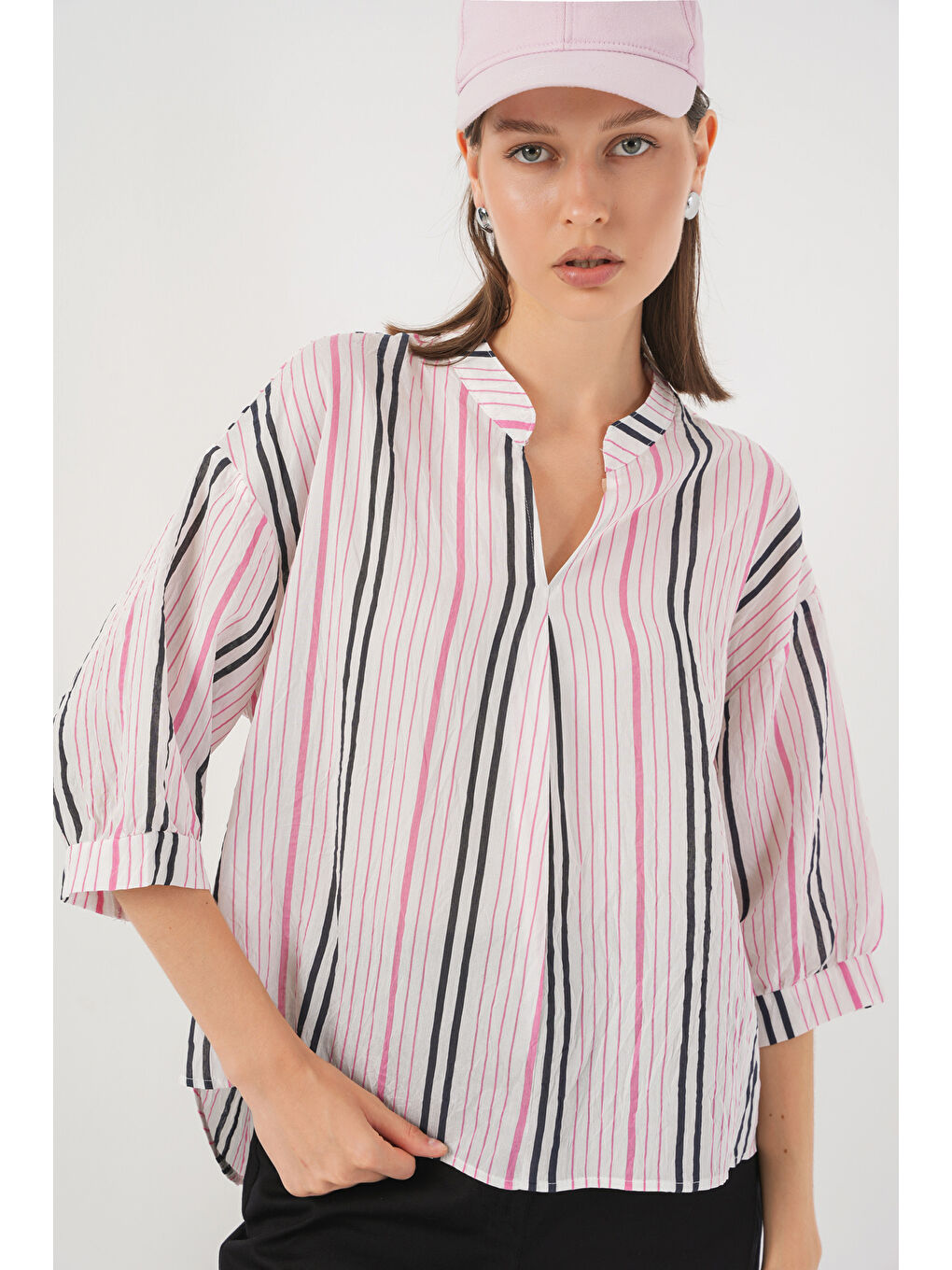 Kadın Çizgili Oversize Bluz 967 - Pembe-3