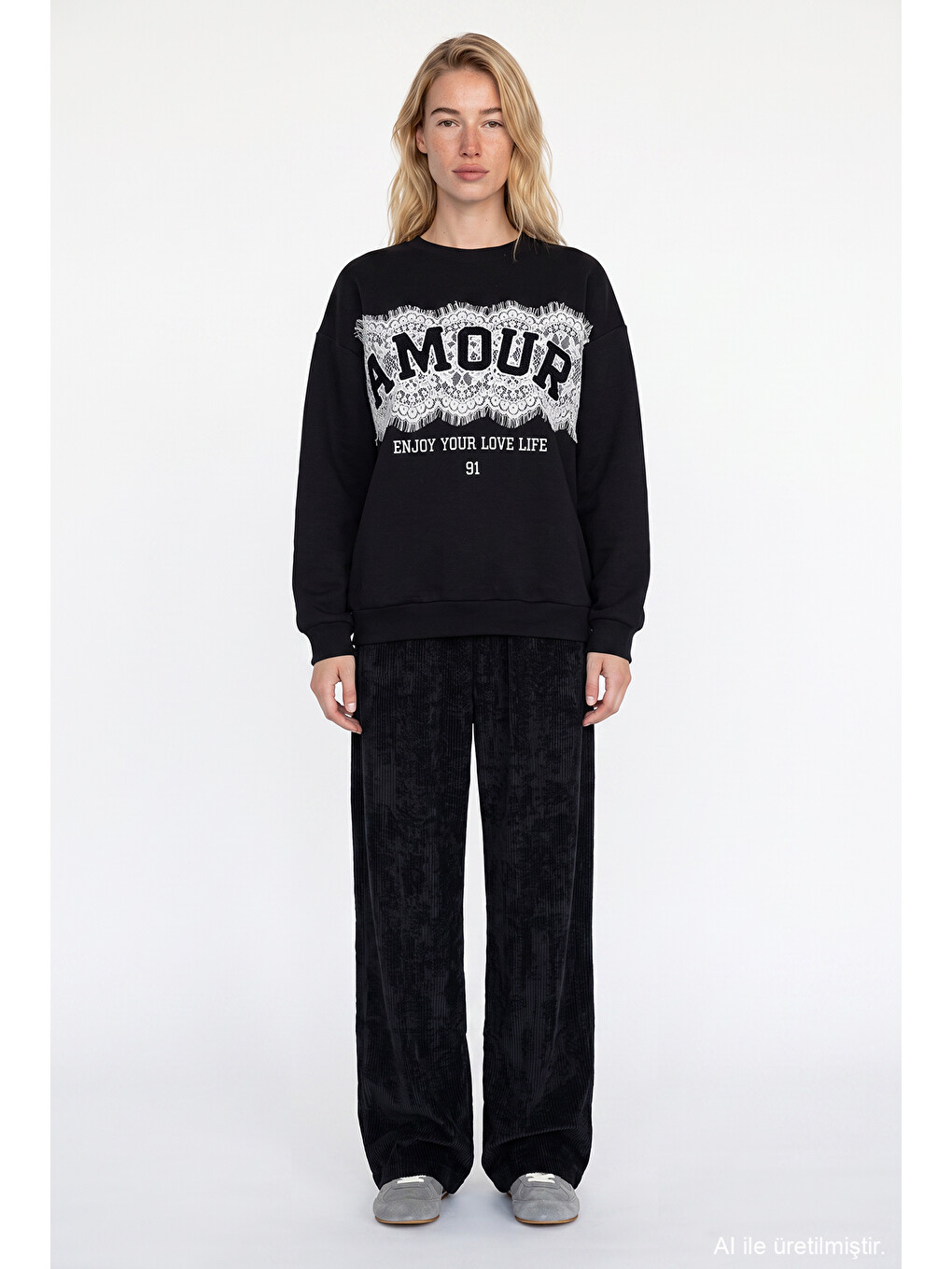 Dantel Aplikeli Oversize Sweatshirt Siyah-2