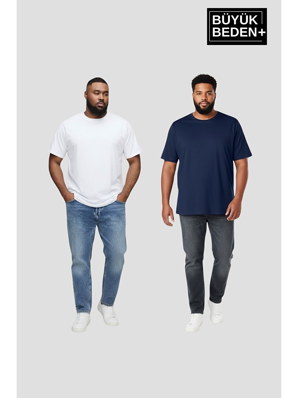 Beyaz Büyük Beden Erkek Basic Bisiklet Yaka 2'li Tişört Seti 3XL-6XL SPR26BTS510+2