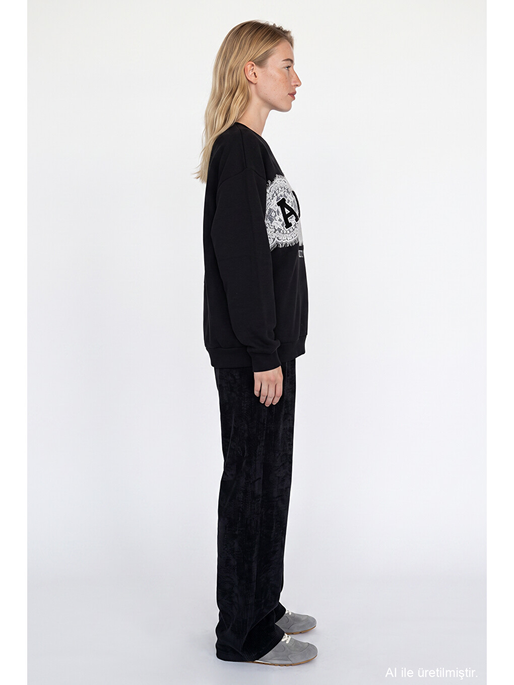 Dantel Aplikeli Oversize Sweatshirt Siyah-3