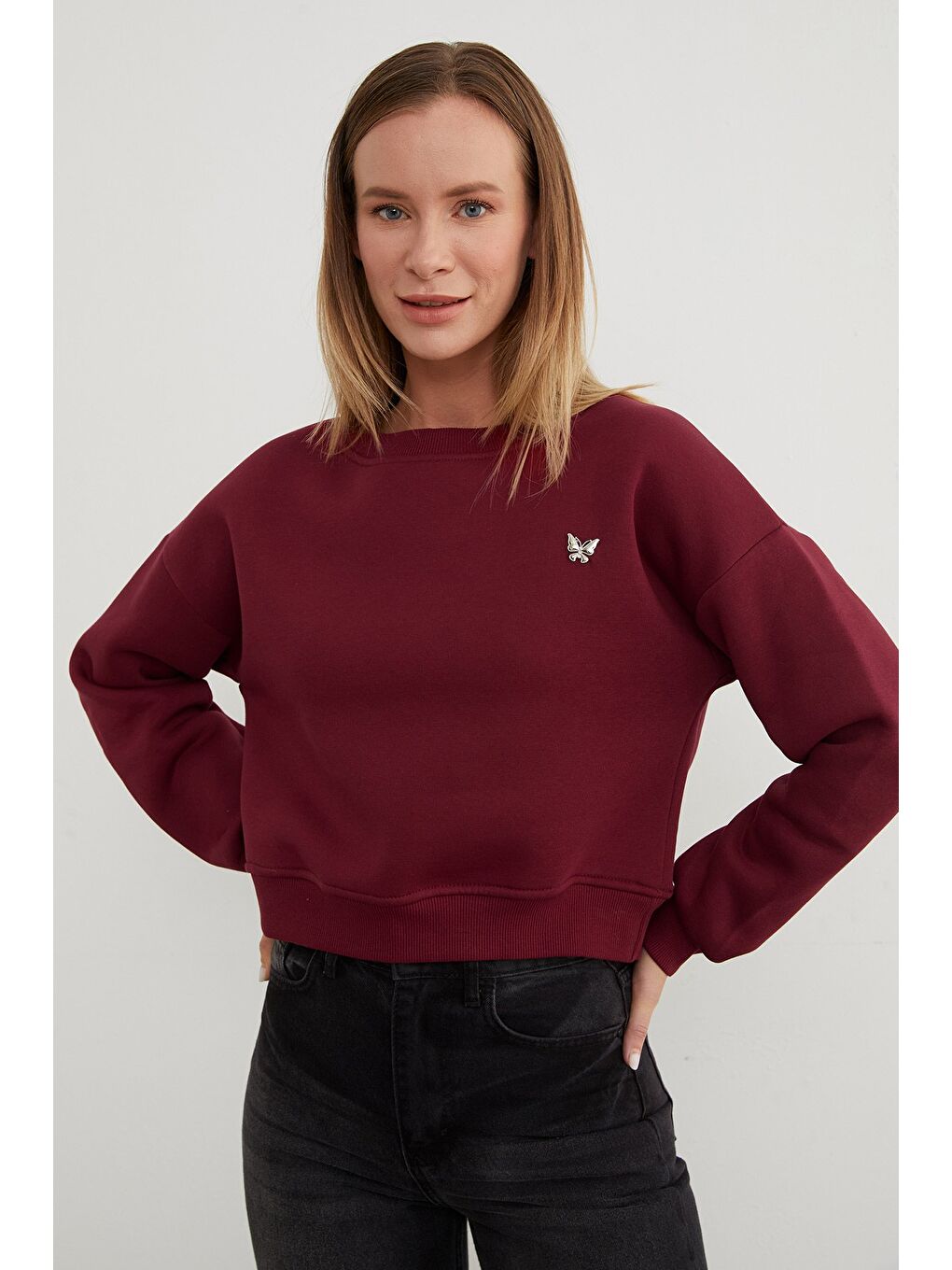 Bordo 3 İplik Metal Kelebek Aksesuarlı Sweatshirt