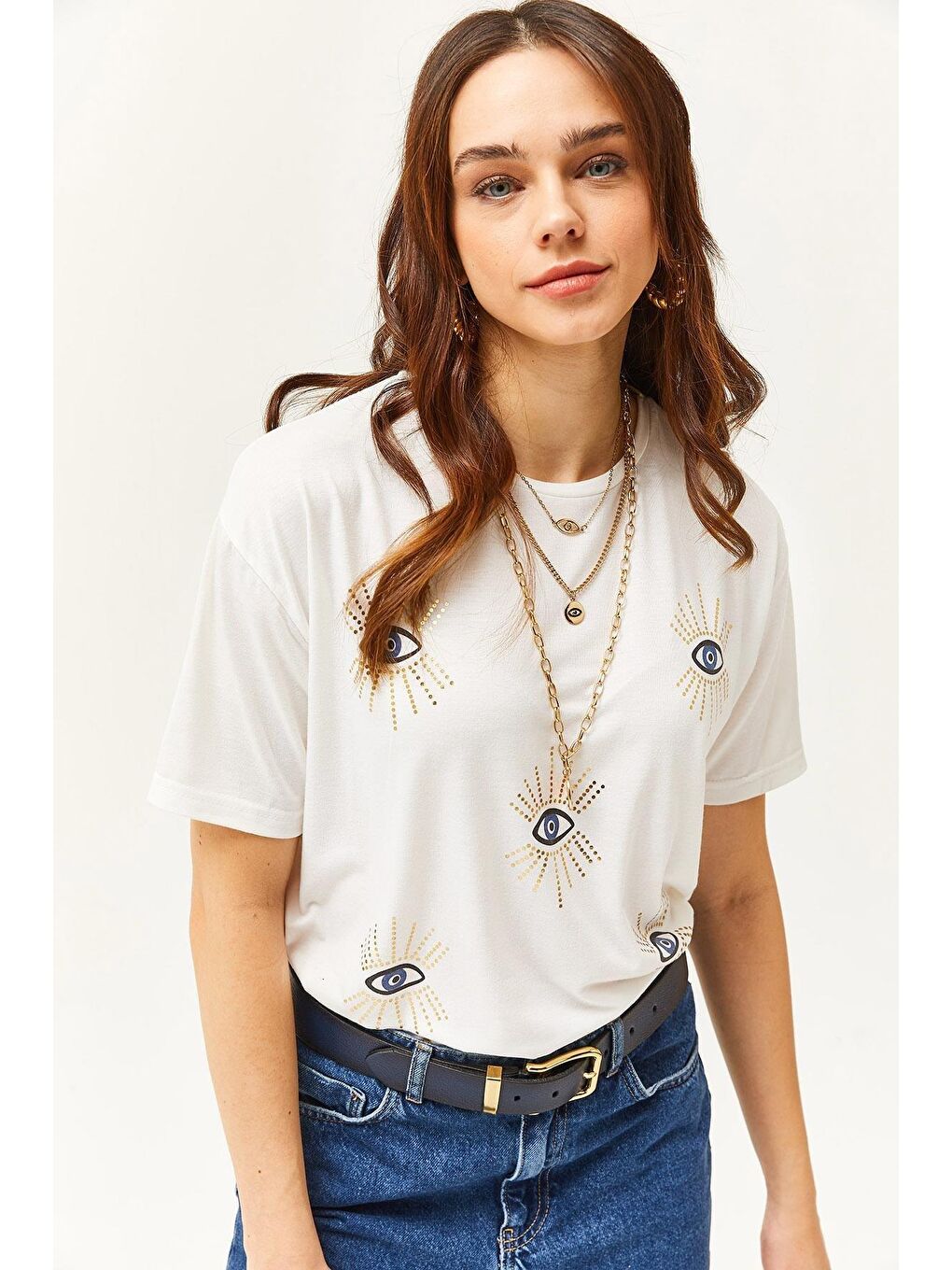 Beyaz Göz Baskılı Varak Detaylı T-shirt-2