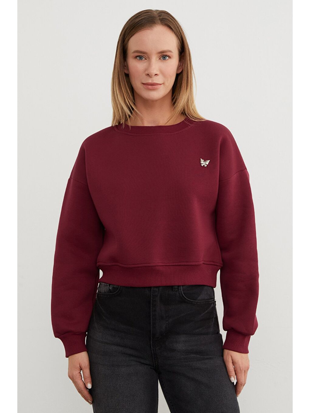 Bordo 3 İplik Metal Kelebek Aksesuarlı Sweatshirt-1