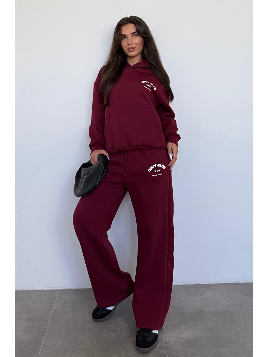 Bordo Kapüşonlu Baskılı Kadın Eşofman Takımı Mg2524-4